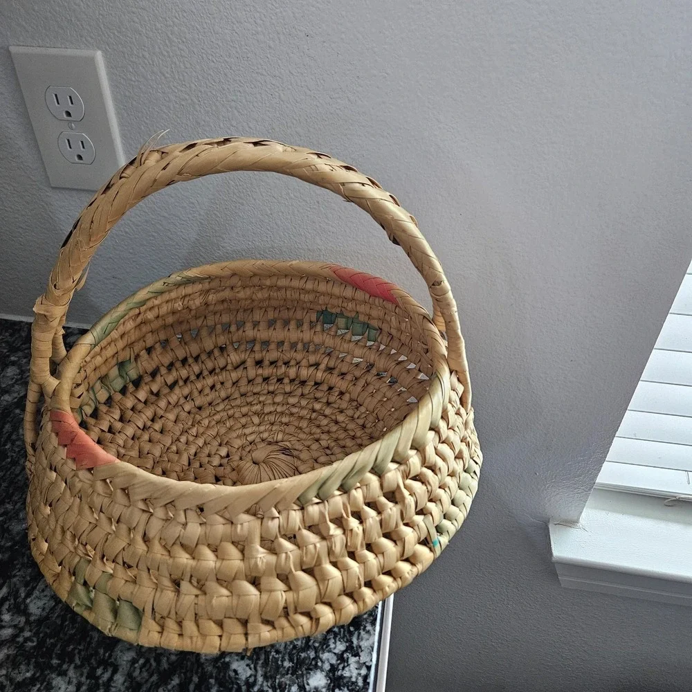 Vintage Native American Coiled‎ Basket Bowl colorful pattern with Handles